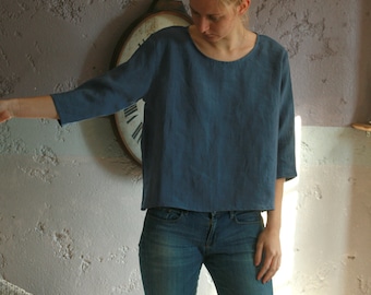 Washed linen top with 3/4 sleeves, cropped cut, boat neck, box cut top, bat sleeve top