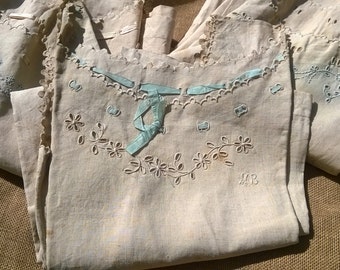 Victorian 1850's Linen Dress Original Condition Unused Blue Silk Ribbon French Nightgown Cut Works Costumes Movies Plays #sophieladydeparis