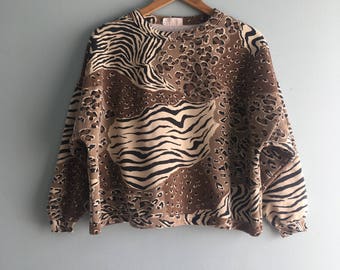 80s African Animal Print Cropped Sweatshirt//Faded//Doleman Sleeve