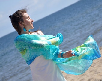 Hand painted silk scarf, hand dyed silk shawl, hand painted scarf, long scarf, women scarf, turquoise blue art scarf, silk accessories, gift