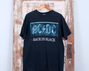 Vintage AC/DC Tshirt Back in Black 90's Faded Rock Metal Band Shirt Large