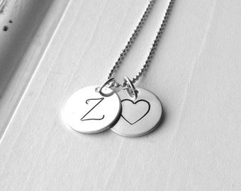 Letter Z Necklace, Sterling Silver Initial Necklace, Large Initial Necklace, Initial Heart Necklace, Hand Stamped Jewelry, Charm Necklace