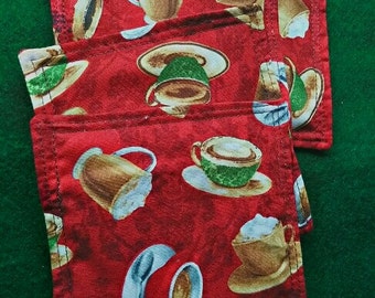 Drink Coasters set of 4 Coffee Cups print 100% Cotton fabric Handmade