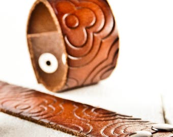 Gift Guide Tan Leather Bracelet Tooled Leather Bracelet Brown Leather Jewelry Sale