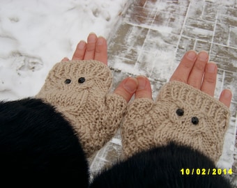 Owl fingerless gloves Owl fingerless mittens Beige fingerless gloves with black pastes