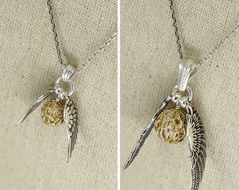 SS037- CZ filigree Sterling Silver Quidditch-inspired winged golden ball necklace