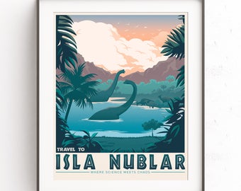 Isla Nublar artwork. Jurassic Park. Scifi retro travel. Dinosaur poster. Tyrannosaurus rex. Velociraptor Ingen. The lost world. Raptor