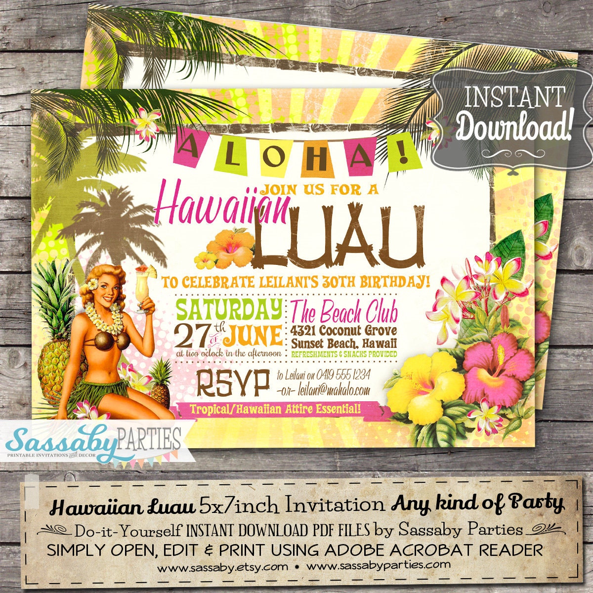 Hawaiian Luau Birthday or Any Party Invitation INSTANT