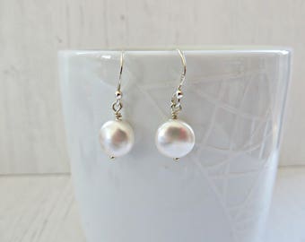 White pearl earrings, Coin pearl earrings, Crystal pearl earrings, Pearl dangle earrings, Bridal earrings, White wedding earrings, UK made