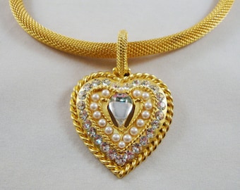 Vintage Carol Dauplaise Heart Pendant Necklace, Gold, Rhinestone & Pearl