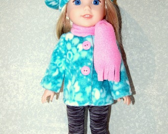 Jacket Hat Scarf for 14" Wellie Wishers or Melissa & Doug fleece Doll Clothes Minty Green-blue tkct1193 READY TO SHIP