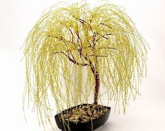 Golden Weeping Willow Beaded Bonsai Tree - Glass and Wire Tree Sculpture - t0147