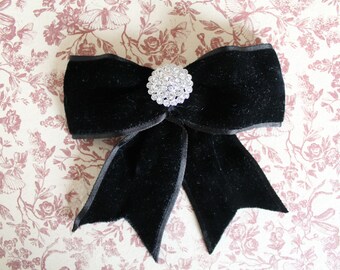 Rhinestone Brooch with Velvet Bow / Black velvet Brooch / Vintage velvet bow