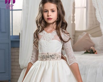 Girl's Floor-Length Long-sleeve White Lace Wedding Dress