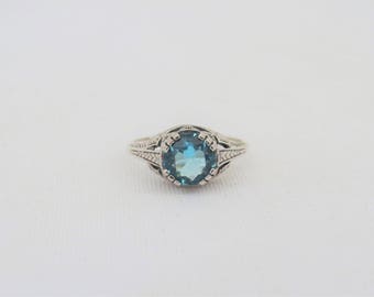 Vintage Sterling Silver Round cut Aquamarine Filigree Ring Size 7