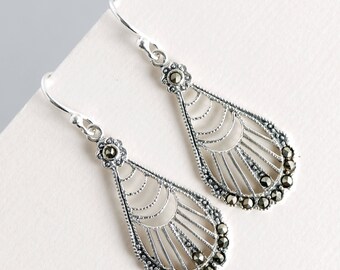 Marcasite Earrings, Marcasite Dangle Earrings, Scallop Earrings, Teardrop Earrings, Boho Earrings, Gift for Her