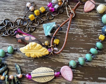 Woodland Necklace - Rustic Pink and Turquoise Necklace - Ceramic Bead Necklace - Boho Knotted Necklace - Bead Soup Jewelry