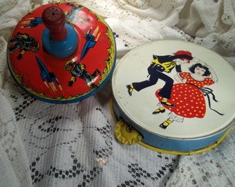 Vintage Tin Toy Top and Tambourine