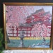 Vintage Framed Silk Brocade Tapestry, Chinese Pagoda, Blossoms, Gold Gilt Wood, Bamboo Design