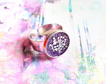 Purple Glitter ring ~ Silver confetti resin galaxy ring
