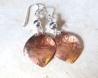 Hammered copper petal earrings Mixed metal drops Mixed media sterling silver and copper dangles Metalwork jewelry