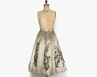 Vintage 50s Mexican Circle SKIRT / 1950s Mexican Hand Painted Metallic Gold Sequin Full Skirt S
