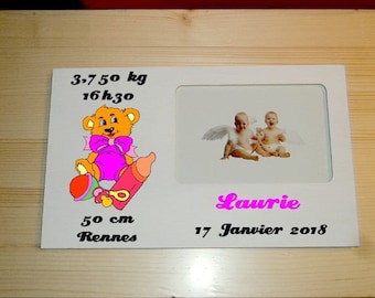 Photo frame personalized wooden baby pink or blue Inscriptions to choose