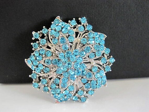 Aqua Dome Brooch, Aqua Rhinestones, Dome Shaped Pin, Silver Tone Setting
