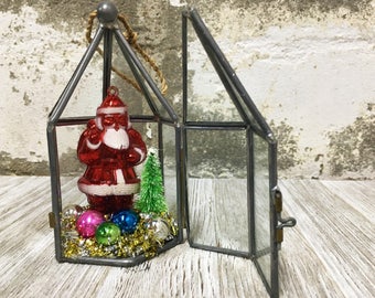 Christmas Terrarium Leaded Glass Vintage Santa Mercury Glass Ornament Bottle Brush Tree