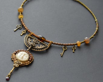 The Keymaker - Bead Embroidery Necklace, Steampunk Necklace, Steampunk Bead Embroidered Necklace