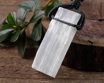 2" White SELENITE Necklace - Selenite Crystal Pendant w/Black Cord, Selenite Jewelry, Selenite Pendant, Selenite Slab, Healing Crystal E0544