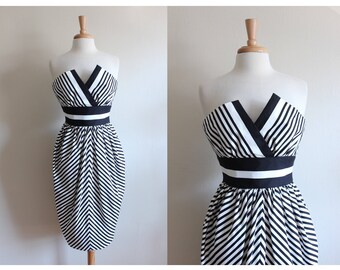 Vintage Black & White Stripe Strapless Victor Costa Dress