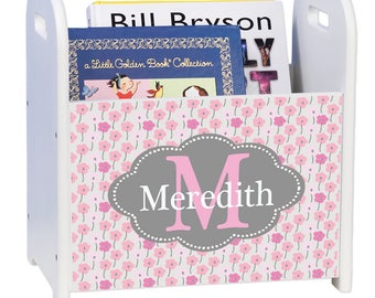 Personalized Pink and Gray White Book Caddy and Rack Flowers Pretty Pink Girlie Green Lime Light Blue Colorscadd-pat-431