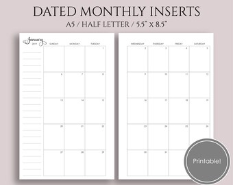 2019 Dated Monthly Printable Planner Inserts, MO2P Sunday-Saturday Monthly Calendar ~ A5 / 5.5" x 8.5" Instant Download (MSS)