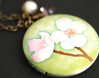 Cherry Blossom Locket Necklace. Cherry Flower Necklace with Pink Teardrop and Fresh Water Pearl Charm. Bronze Locket. Handmade Necklace.