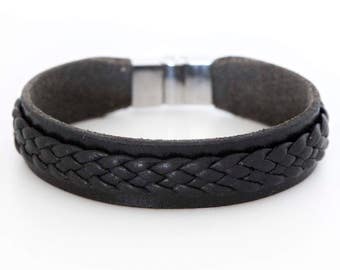 Mens black leather bracelet, Mens cuff bracelet, Mens jewelry - the Twain Cuff