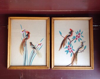 Bird Feather Wall Art - Made with Real Feathers Boho Bohemian Vintage Wall Hanging Pair of Exotic Birds Retro Birds on Berry Branch