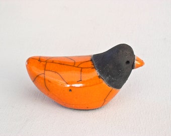 BIRD orange / black 1 - Raku fired ceramic bird