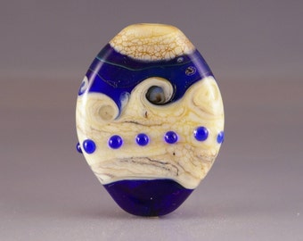 Lampwork Glass Focal Bead - tab bead in blue, white and gold