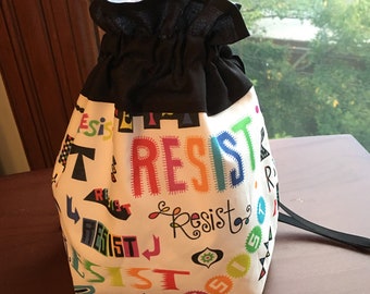 RESIST rainbow --  medium fully-lined cotton drawstring knitting project bag -- subtle rainbows