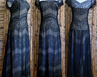Vintage 1930s Black Chantilly Lace Illusion Dress - Small