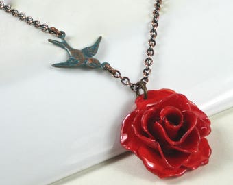 Real Rose Necklace - Red Rose Necklace, Small Rose Necklace, Mini Rose Necklace, Flower Jewelry, Botanical Jewelry, Bird Jewelry