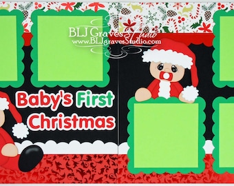 2 Premade Christmas Scrapbook Pages 12x12 Layout Paper Piecing Baby's First Christmas Handmade 051