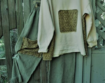 Upcycled Clothing/ 2-Pc Top-Pants/ Vintage Bedspread/ Cotton Fleece/ Women's Plus Size/ Funky Handmade/ Sheerfab Funwear
