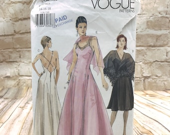 Vogue 7158 Womens Formal Fitted Flared Dress Knee or Evening Length and Pullover Cape Size 14 16 18 Uncut Sewing Pattern