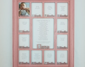 Baby First Year Frame / 12 Month Frame - Personalized with any Name - 10 Color Options (Shown in Pink Frame) - Nursery Decor - 11x14