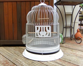 Large, 18 x 14 inch, Vintage Hendryx Metal Wire Bird Cage Birdcage, original Feeder and Water, White Green, Wedding Decor, Rustic Farmhouse