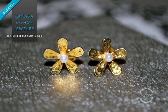 Flowers Pearls Studs Earrings Sterling Silver 925 Gold-plated Handmade Jewelry Woman Best Ideas Gift Anniversary Birthday Floral Design Moda