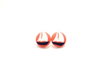 Sailboat fabric button earrings - coral and navy earrings - nautical earrings - gifts for her - hypoallergenic earrings - sailboat studs