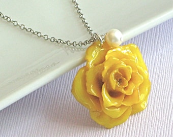 Real Yellow Rose Necklace - Sterling Silver, Natural Preserved Flower Jewelry, Nature Jewelry, Nature Necklace